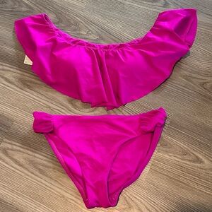 Trina Turk 2pc Magenta Indo Off the Shoulder Bandeau Bikini sz 6 Shirred Hipster